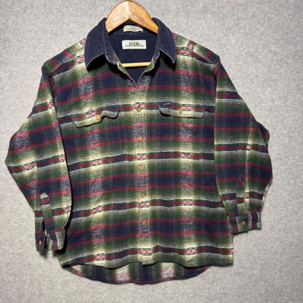 Vintage Guess Authentic Sportswear Plaid Flannel‎ Shirt Oversized L Corduroy